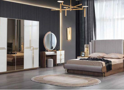 Complete bedroom luxury furniture set: bed, wardrobe, dresser, nightstand, wood, 5 pieces.